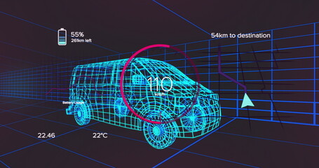 Rendering wireframe van showing speed gauge, battery, temperature icons, navigation arrow on grid