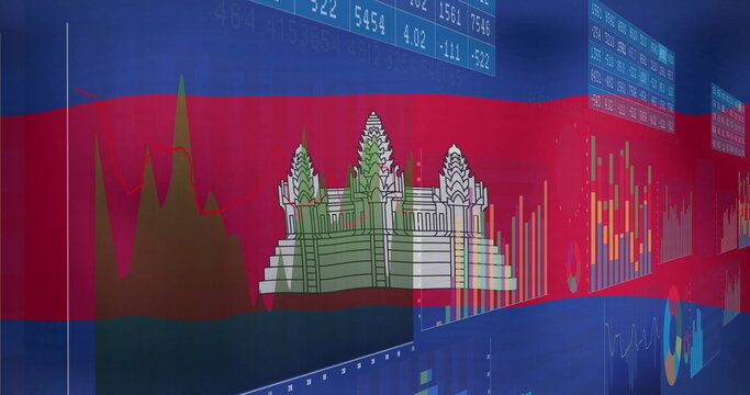 Naklejki Displaying Angkor Wat on Cambodian flag in dashboard, with line graphs, bar charts and pie segments
