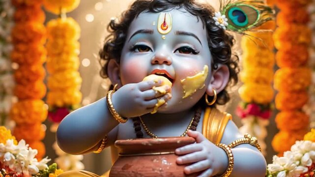 baby krishna eating butter with peacock feather