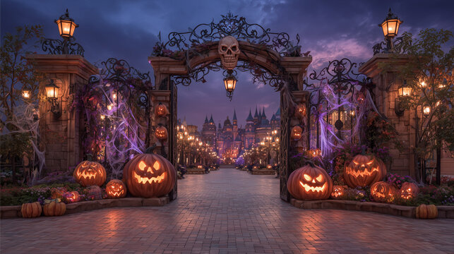 Halloween theme park entrance decorated with giant pumpkins, skulls, and cobwebs, glowing lanterns at night. halloween amusement park entrance, halloween decor, spooky carnival, ha