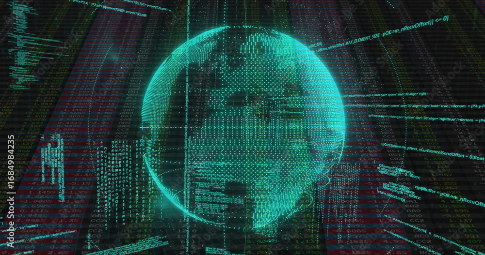 Poster floating holographic wireframe globe rotating over digital interface with code and red grid