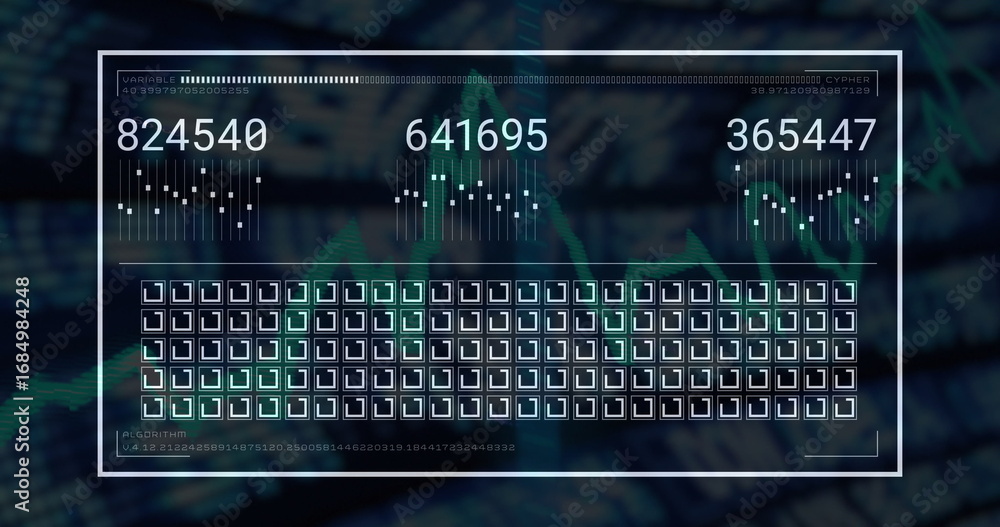 Poster displaying white-framed ui updating numeric readouts on screen, with icon grid and algorithm data