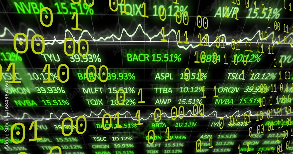 Poster displaying green stock tickers, percentages, line graphs in virtual space with yellow binary digits