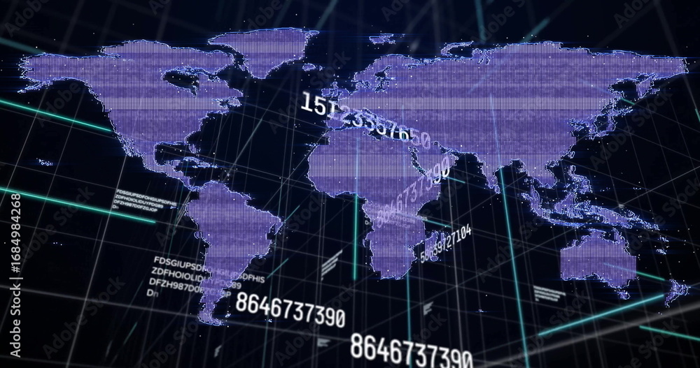 Poster projecting purple pixel world map on dark grid plane, streaming green grid lines and codes