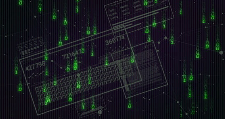 Obraz premium Showing keyboard outlines rotating within cyberspace, with green binary digits and network nodes