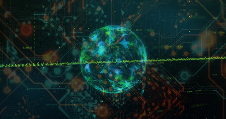 Rotating glowing polygonal sphere intersecting data network, with neon waveform and circuit traces
