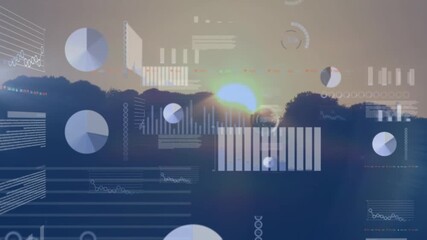 Animation of diverse data and graphs over landscape at sunset - Powered by Adobe