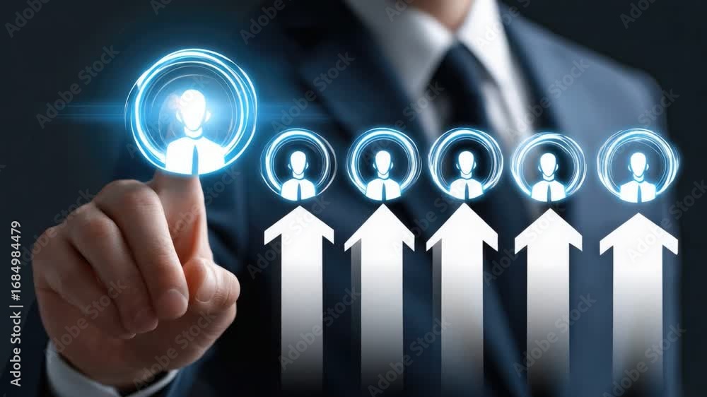Poster a businessman interacts with digital icons representing user connections, symbolizing growth and net