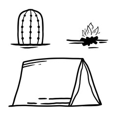 Black and white illustration depicting camping elements: a tent, a cactus, and a campfire with flames.