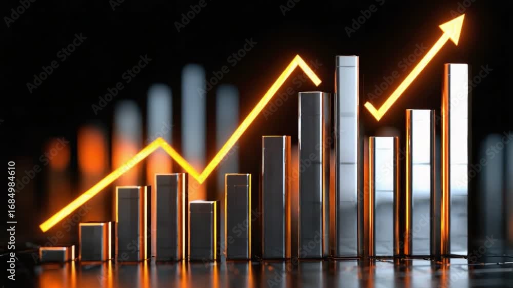 Poster a close-up view of metallic bar graphs illustrating upward trends in data analysis
