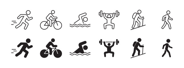 fitness activities icon set, running, walking, swimming, cycling, hiking, gym icon set in outline and silhouette style , vector illustration . 