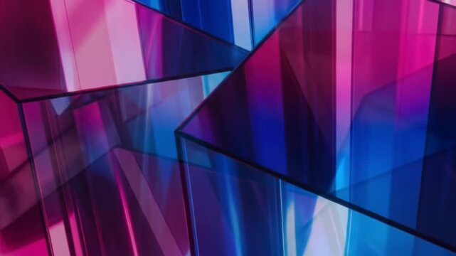 Abstract Geometric Glass Panels Reflecting Vibrant Pink and Blue Light with Sharp Angles