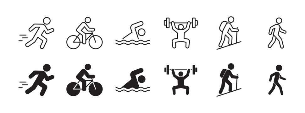 fitness activities icon set, running, walking, swimming, cycling, hiking, gym icon set in outline and silhouette style , vector illustration .
