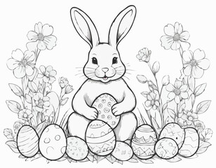 Easter Bunny with Eggs Sitting in Flowers Hand Drawn Engraving Sketch Vector Illustration.