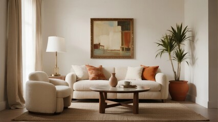Fototapeta premium Elegant Living Room with Neutral Tones and Modern Furniture