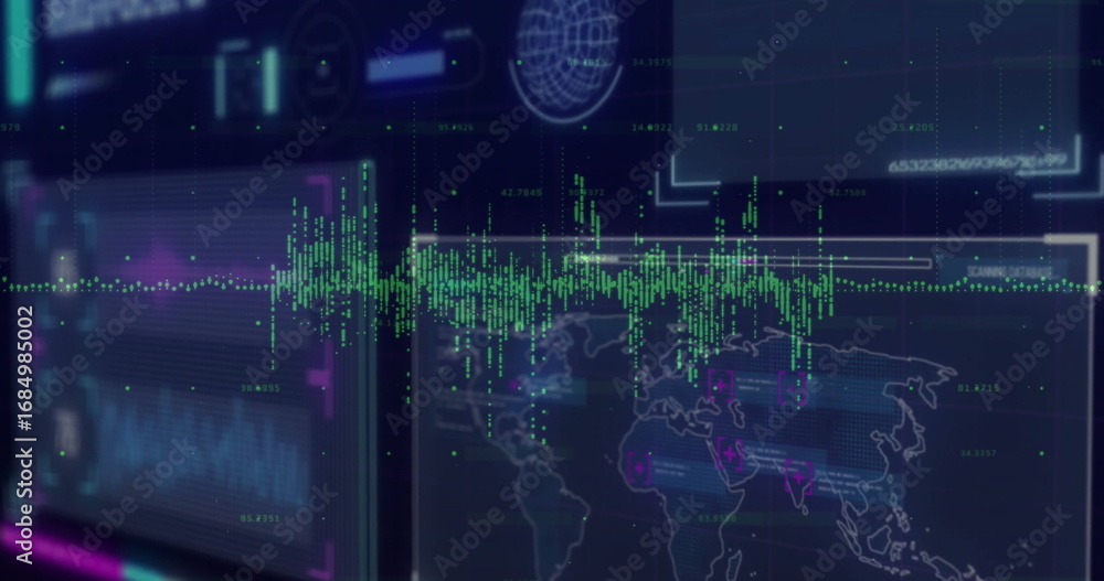 Poster displaying green waveform line graph running across dashboard in control room, with world map panel