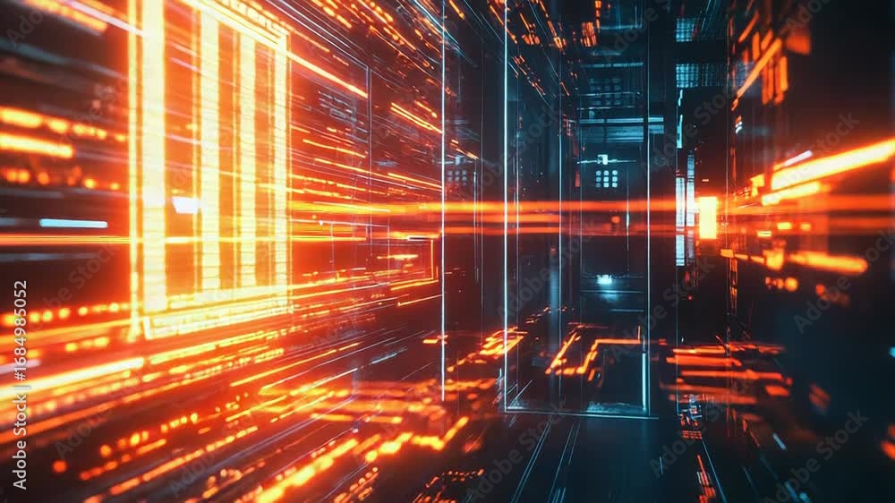 Poster digital window is glowing inside server room with data flowing