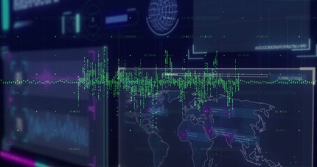 Naklejka premium Displaying green waveform line graph running across dashboard in control room, with world map panel