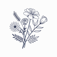 botanical linear flower set vector template