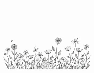 Wildflowers border sketch hand drawn in doodle style illustration