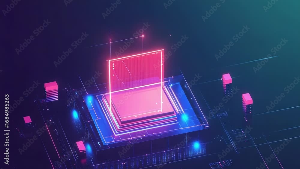 Poster quantum computing processor transferring data with futuristic neon glow