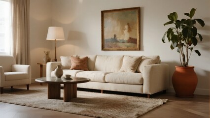 Obraz premium Elegant Living Room with Neutral Tones and Modern Furnishings