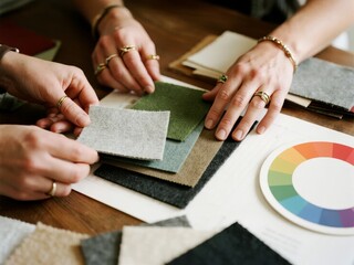 Hands selecting fabric samples and color wheel for design project
