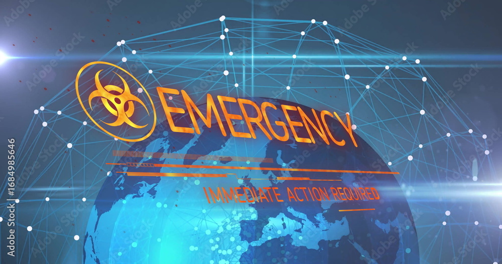 Poster displaying orange biohazard symbol and emergency text over monitoring hub globe, with mesh network