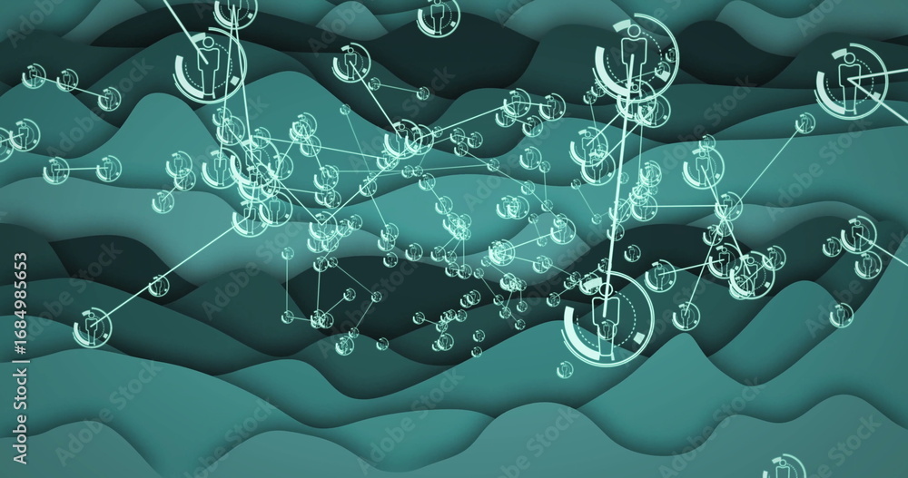 Aufkleber displaying network of human-icon nodes linking via glowing lines in digital space with wave layers