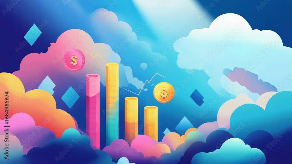 Aufkleber stacks of coins representing increasing profit in a colorful abstract cloudscape