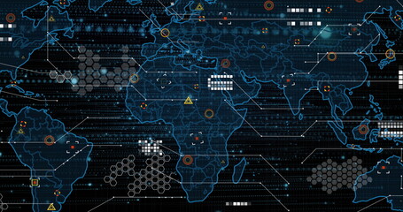 Displaying world map overlay in UI, featuring hex clusters, connector lines and binary streams