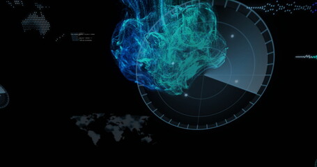 Displaying swirling turquoise blue digital mesh overlaying circular radar in virtual control panel