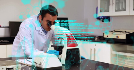 Peering scientist in lab coat examining sample through microscope in lab, with digital overlay