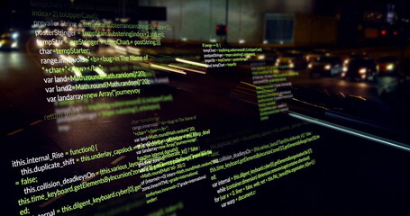 Floating programming code text drifting across multi-lane highway at night, with light trails