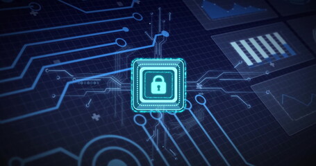 Displaying glowing lock icon radiating neon-blue circuit traces on dark grid, with chart overlays