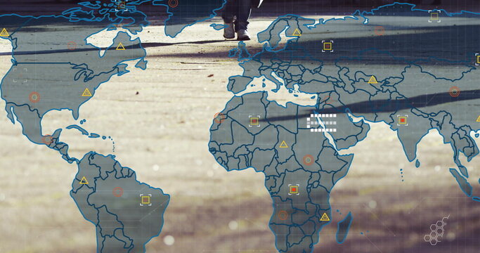 Walking hiker's legs casting shadow on sunlit park trail, with world map overlay and data icons