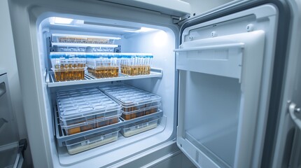 A lab freezer unit, ajar, revealing trays of samples.