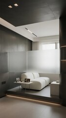 Modern minimalist living room with sleek white sofa and metallic accents