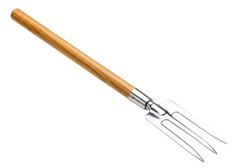 A sturdy, wooden-handled garden tool, featuring a three-pronged, metal tines, is presented against a pure black backdrop.