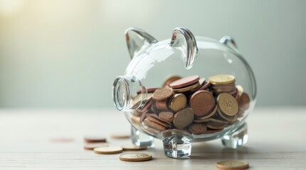Glass Piggy Bank Filled with Coins on White Surface