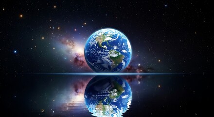 Obraz premium Earth reflecting in water against a backdrop of stars and cosmic nebulae