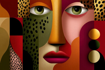Abstract modern portrait with bold shapes and textured surfaces, featuring green eyes and vibrant colors in geometric composition that evokes artistic expression and creativity