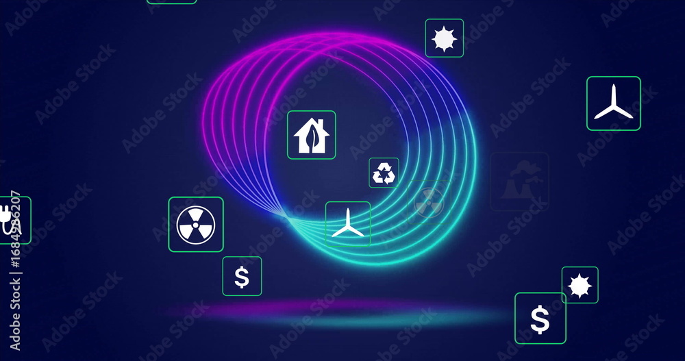 Poster hovering neon gradient loop floating on navy background, with lit clean energy and finance icons