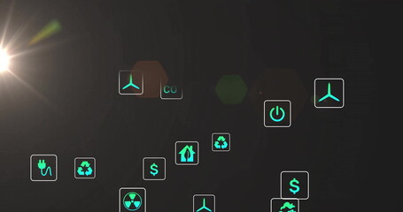Floating neon energy icons pulsing in dark control panel, with wind turbine and recycling symbols