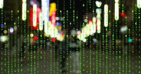Cascading green binary digits overlaying wet city street, with neon signs and pedestrians walking