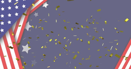 Floating gold confetti drifting across purple graphic background, with US flag stripes and stars