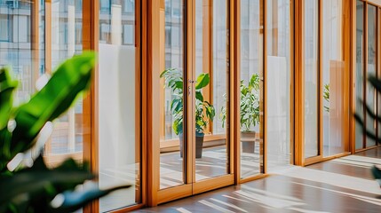 Bright modern workspace with window views and indoor plants urban office photography calm environment interior perspective