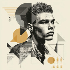 Abstract portrait of young man with curly hair combined with geometric shapes and textured patterns, creating modern artistic collage with thoughtful expression