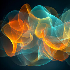 Abstract colorful smoke waves with flowing orange and blue light patterns create dynamic and shimmering visual effect, evoking sense of fluidity and motion in dark background