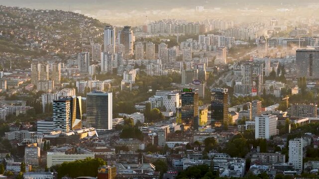 Drone close-up of Sarajevo&rsquo;s modern city district with skyscrapers and urban skyline